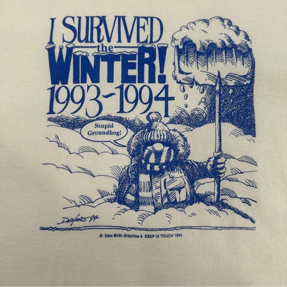 Vintage 90s Tshirt "I Survived the Winter" XL Adult Single Stitch Tee Beige Blue - Picture 5 of 12